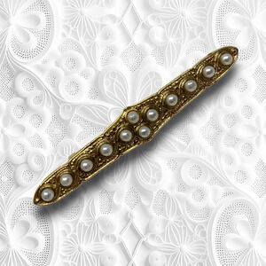 Vintage 1960s Gold Tone Faux Pearl Petite Bar Brooch Pin Mid Century Modern MCM